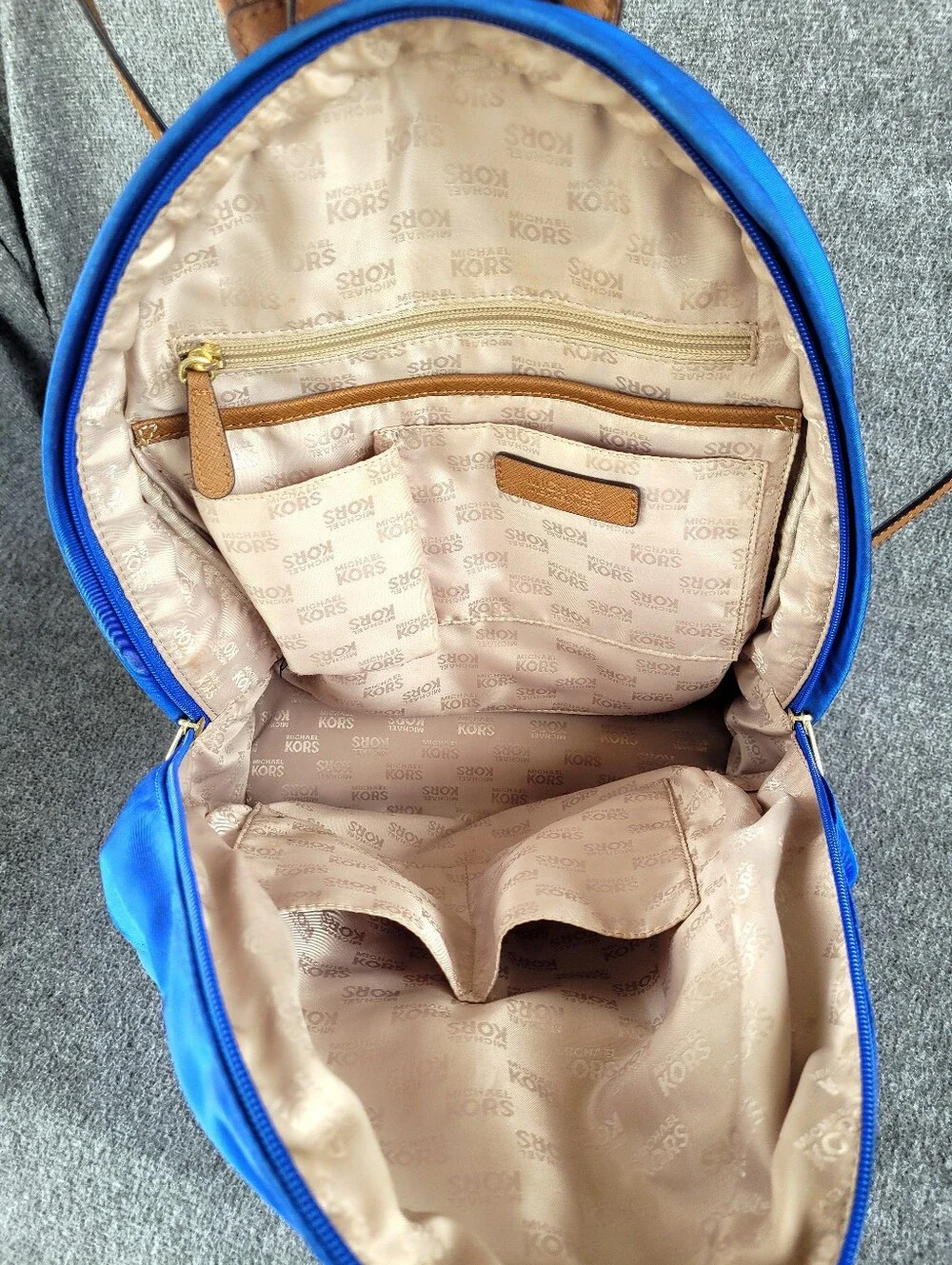 Michael Kors Jet Set Electric Blue Nylon Backpack with Tan Faux Leather Straps